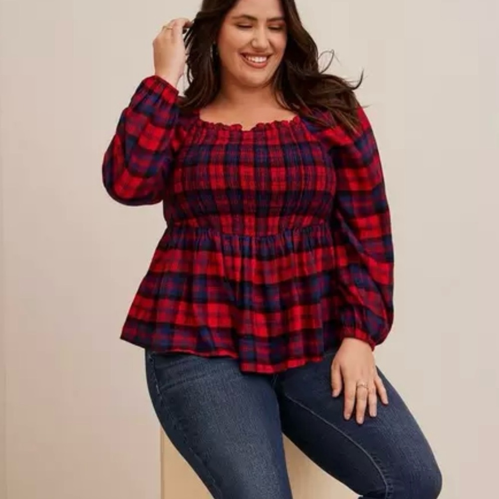 Torrid Super Soft Plaid Peplum‎ Long Sleeve Brushed Rayon Holiday Winter Top 2X